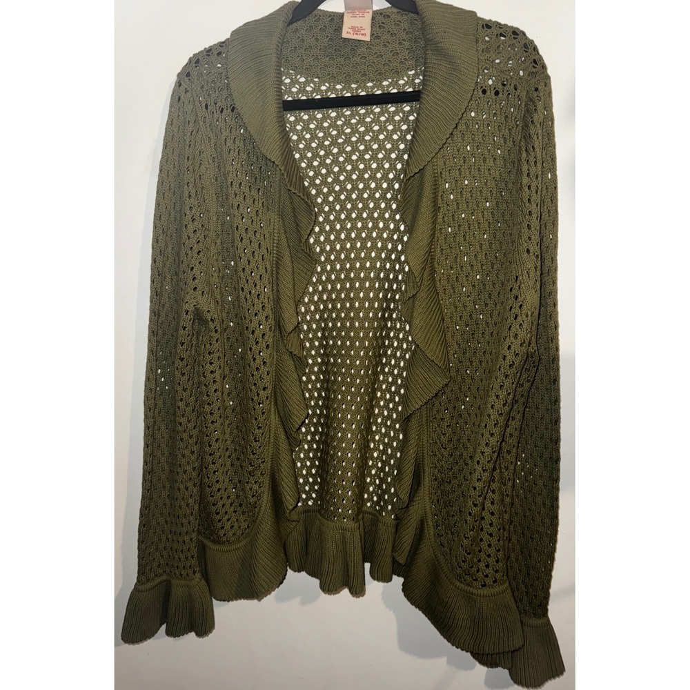 Vtg Y2K Olive Green Ruffle Knit Open Front Cardigan XL 16/18 Boho Hippie Fairy - Picture 1 of 8
